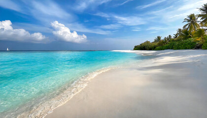 Fototapeta premium 青い空と白い砂浜。穏やかな波を持つ美しい海。モルディブ。Blue sky and white sand beach. Beautiful sea with calm waves. Maldives.