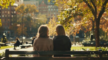 Two friends sit shoulder to shoulder on a park bench backs turned to the camera as they enjoy a tranquil moment amidst the hustle . . - obrazy, fototapety, plakaty
