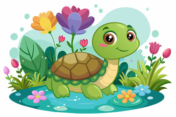 Charming cartoon turtle adorned with colorful flowers