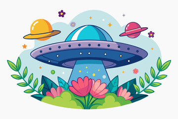 A mysterious UFO hovers in a picturesque sky adorned with vibrant flowers, creating a whimsical and enchanting scene.
