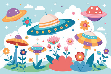 Ufos sky charming with flowers on a white background.