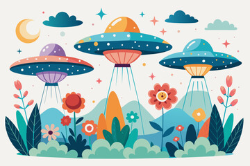 Charming UFOs gracefully soar through the sky, adorned with vibrant flowers against a pristine white backdrop.