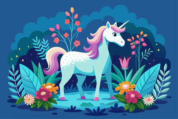 Unicorn with a charming gaze and adorned with flowers against a white background. © Johanddss