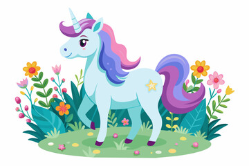 A charming unicorn adorned with colorful flowers stands gracefully on a pristine white background.