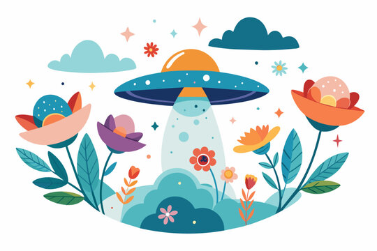 Enchanting UFOs gracefully float through a celestial tapestry adorned with delicate blossoms.