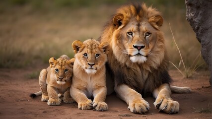 Large lion and adorable small cub,