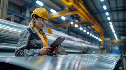 A female factory worker inspects the quality of galvanized sheets in the factory during the production process. Wears a safety suit and uses a digital tablet