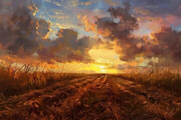 golden sugarcane field under dramatic cloudy sky at sunset agricultural landscape digital painting - obrazy, fototapety, plakaty
