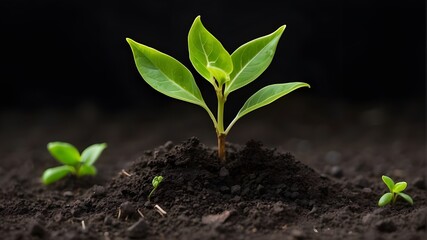 Young green plant emerging from dark soil; remove