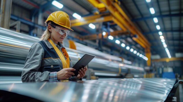 A female factory worker inspects the quality of galvanized sheets in the factory during the production process. Wears a safety suit and uses a digital tablet