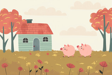 Fototapeta premium Two little pigs walking in front of a house