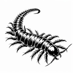 A black and white illustration of a centipede