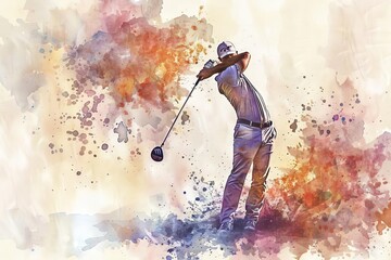 golfers watercolor swing dynamic vertical poster of golf player in action sports illustration - obrazy, fototapety, plakaty