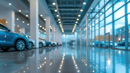Fototapeta premium Beautiful blurred background of a modern car showroom interior in shades of gray with panoramic windows, glass partitions and blue accents
