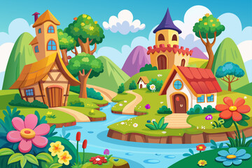 A charming village cartoon with flowers adorns a white background.