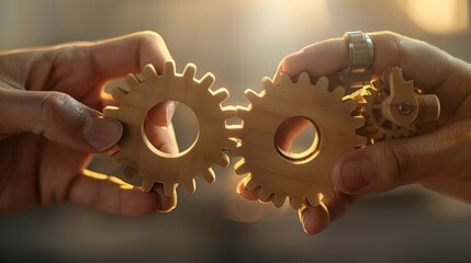 Business process and workflow automation with flowcharts Holding hands together holding wooden gears manages the flow process - obrazy, fototapety, plakaty