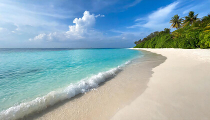 Fototapeta na wymiar Blue sky and white sand beach. Beautiful sea with calm waves. Maldives.