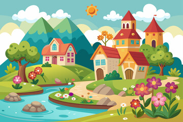 Charming cartoon village adorned with vibrant flowers against a pristine white background.