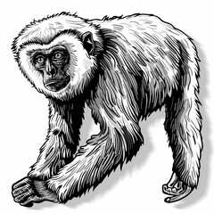 A detailed line drawing of a white-cheeked gibbon in a walking pose, with its left foot forward. - obrazy, fototapety, plakaty