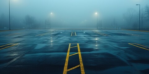 An empty parking lot on a cold, wet, foggy evening. An atmosphere of peace, mystery and mysticism....