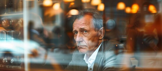Fototapeta premium A curious man is gazing outside through a window while seated in a cozy restaurant