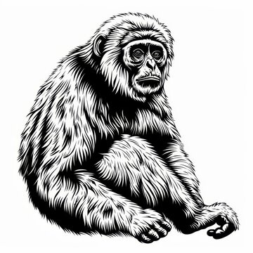 recommend clip art: A detailed line drawing of a pensive looking monkey in a sitting pose