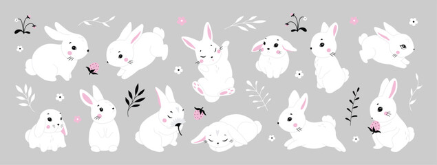 Naklejka premium Cute white rabbit in various poses. Rabbit animal icon isolated on background. For Moon Festival, Chinese Lunar Year of the Rabbit, Easter decor. White Easter bunny, hare. Wild animals, baby animals