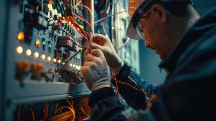 A technician examines the control panel, main system sensors, electromechanical drives, and power management systems - obrazy, fototapety, plakaty