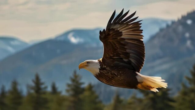 An eagel flying above mountain forest.