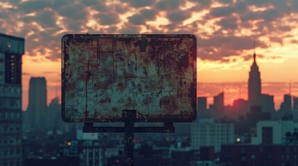 Blank mockup of a rusted iron sculpture plaque with a silhouette of a city skyline. .