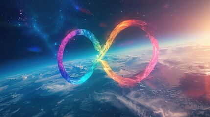 A bright rainbow sign of infinity in space against the background of the planet. - obrazy, fototapety, plakaty