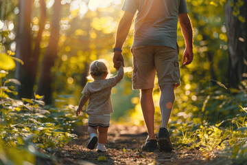 Dad leads his daughter by the hand along a forest path.