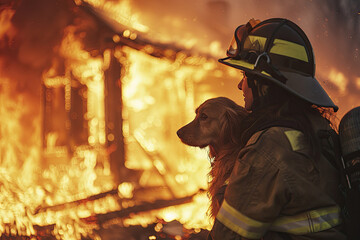 A female rescuer with a dog watches a burning house.