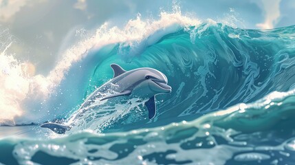 Naklejka premium banner background National Dolphin Day theme, and wide copy space, A cartoon dolphin riding a wave with a big grin on its face, 