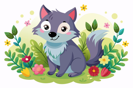 Charming wolf cartoon animals with flowers