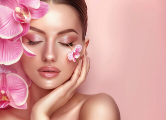 A beautiful woman with pink orchid flowers in her hair, a skin care advertising background