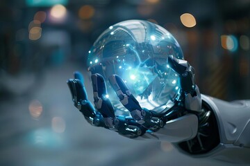 hightech cyborg hand holding futuristic holographic globe artificial intelligence concept - obrazy, fototapety, plakaty