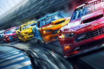 highspeed nascar racing cars in tight formation during thrilling motorsport event dynamic action illustration - obrazy, fototapety, plakaty