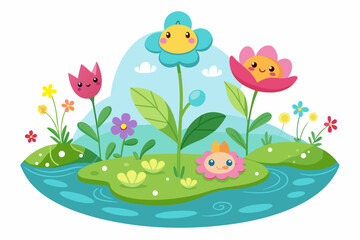 Fototapeta na wymiar Charming water cartoon with colorful flowers on a white background.