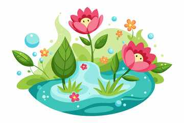 Charming water cartoon adorned with vibrant flowers blooms on a pristine white background.