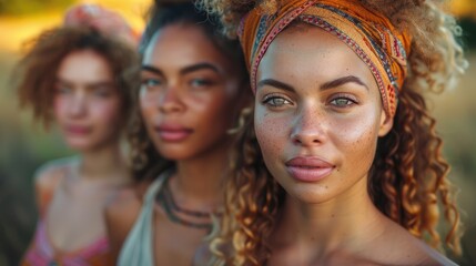 Obraz premium Portrait of diverse ethnicity women outdoor at summer