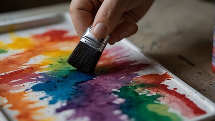 Fototapeta premium A close-up of an artist's hand holding a brush, dipping into vivid watercolor paints Generative AI