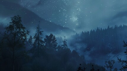 A mountainous forest under the stars, celebrating Earth Days natural wonder - obrazy, fototapety, plakaty