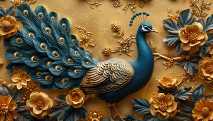 3D embossed clay relief painting of a peacock with blue and gold tail feathers, surrounded by orange roses on an elegant background. Created with Ai
