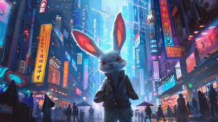 Superhero Rabbit in Vibrant City - Video Game Concept Art - obrazy, fototapety, plakaty