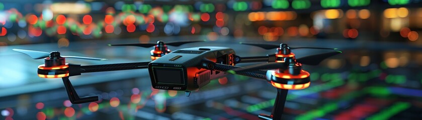 Fototapeta na wymiar 3D model of a drone shaped like a stock ticker, dispersing realtime market data as it flies, innovative and futuristic