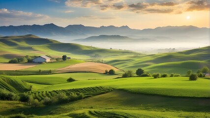 peaceful rural setting with undulating hills and farms of crops - obrazy, fototapety, plakaty