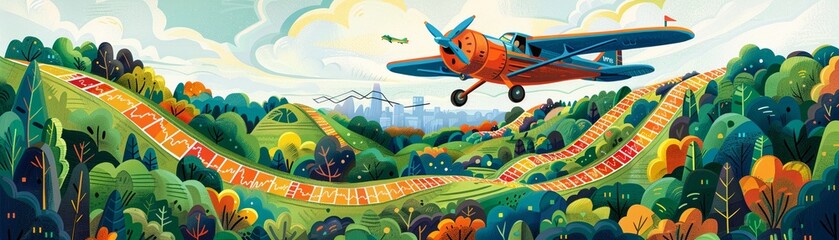 Obraz na płótnie Canvas Childrens book illustration of a plane flying over a landscape shaped like stock market graphs, adventurous and educational