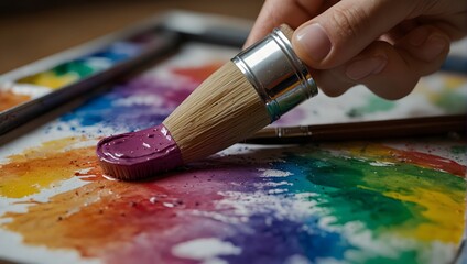 Fototapeta premium A close-up of an artist's hand holding a brush, dipping into vivid watercolor paints Generative AI