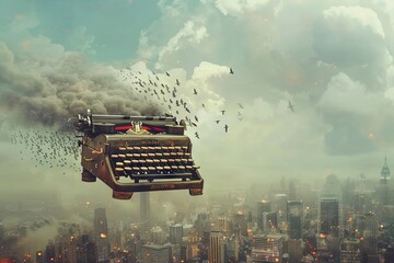 imaginative concept of writers creativity typewriter soaring above cityscape digital illustration - obrazy, fototapety, plakaty